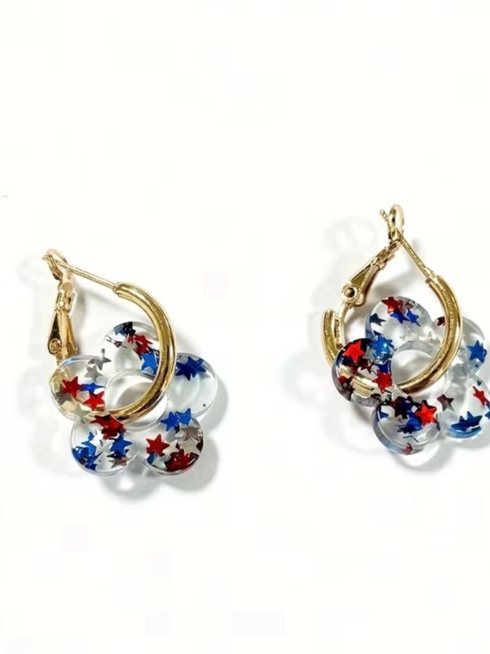 Gold Hoop Earrings with Red & Blue Star Flower Drops - Picture 2 of 3